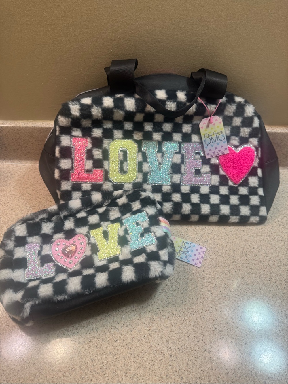 Black & White Checkered 'LOVE' Travel Bag Set with Multicolor Accents